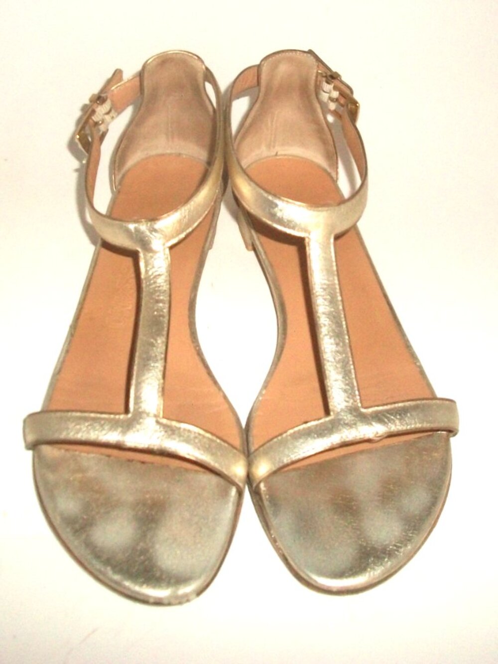 Salvatore Ferragamo Gold Leather T-Strap + Ankle Strap Sandals